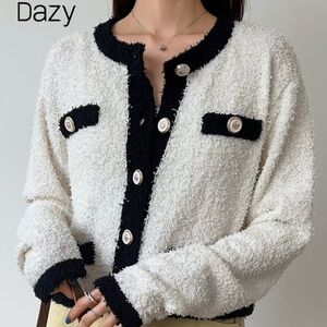 Shein DAZY Contrast Trim Fuzzy Knit Drop Shoulder Cardigan Size 2 Medium